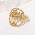 Bague en acier inoxydable doré avec arbre de vie ajouré et bordure torsadée vintage - Réglable / Doré
