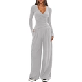 Detail of V-neck long sleeve top and wide leg pants in dark grey ribbed knit fabric - XS / Long Sleeve / Light Gray