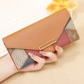 Long patchwork wallet in brown and blue with snake print and gold buckle closure - Patchwork Brown