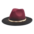 Two-tone burgundy and black wide brim wool felt fedora hat with gold buckle band - M (56-58cm) / Wine Red + Black