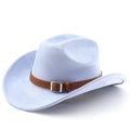 Détail d'un chapeau de cowboy bleu clair avec bandeau tressé marron et boucle en argent - M(56-58cm) / Bleu ciel clair