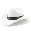 Detailed shot of white cowboy hat featuring leather band with vintage metal ornaments - M (56-58cm) / Pure White
