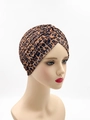 Brown and black leopard print turban hat with pleated design for women shown on a mannequin - One Size / Coffee Leopard