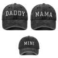 Retro washed denim baseball caps with Daddy, Mama, and Mini white embroidery text - 3pcs Black (DADDY+MAMA+MINI)