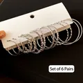 Detail of 6 pairs silver C-shape hoop earring set featuring smooth and twisted textures - 45# Silver Pin (12-Piece Set) / Silver