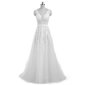 Detail of white V-neck evening gown featuring intricate lace embroidery and tiered tulle skirt - S / White