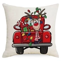 Christmas pillowcase with festive reindeer and red truck design in a linen-style fabric - 45x45CM (No Core) / 3602-2 Reindeer Truck