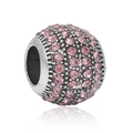 Macro detail of round silver charm bead pavé set with vibrant pink rhinestones - Pave Pink Ball
