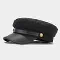 Detail of vintage navy cap showing black fabric body and textured leather brim - M (56-58cm) / Black