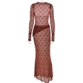 Completo due pezzi in pizzo marrone rossastro con top a maniche lunghe e gonna lunga - S / Rosso