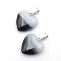 Pair of grey to black gradient quartz heart pendants with metal loops for necklaces - White Jade Two-Tone Black