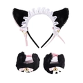 Detail of plush cat ear headband with pink bell bows and lace wristbands set - Black Cat Ears with White Lace + Black Wristbands