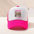 Close-up of pink trucker hat with Tasmania scenic print and breathable mesh back - Rose Red