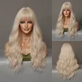 Long wavy pale blonde wig with flat bangs shown from front side and back views - 64cm / Platinum