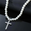 Detail of faux pearl necklace with iced-out rhinestone cross pendant on black surface - A2-14 (Large Cross)