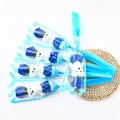 Detail view of five blue rose soap flower bouquets featuring mini plush bears and gold ties - Blue (Colorful)