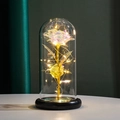 Gold foil galaxy rose in glass dome with LED lights on black wood base for gift - Holographic Gold Rose (Warm Light) + Pink Gift Box