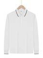 Classic white long-sleeved polo shirt for men with black stripe detail on the collar - White