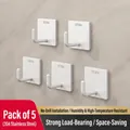 Pack of 5 SUS304 stainless steel J-shaped adhesive hooks with brushed metal finish - Bright White - 5 Pieces