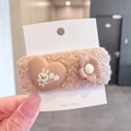 Pink plush lamb wool hair clip with cartoon heart and flower design on display card - J-41-Heart Plush Clip