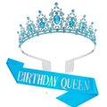 Birthday Queen sash and light blue rhinestone tiara set in silver for party decoration - Lake Blue Silver (Queen)
