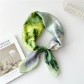 Artistic oil painting silk scarf in emerald and light blue colors styled as a neckerchief - 70cm / Oil Painting Green Meadow