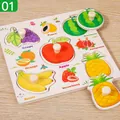Wooden fruit peg puzzle for toddlers featuring nine colorful fruit shapes and handles - Fruit Square Peg Puzzle