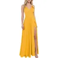 Robe de soirée jaune vif élégante avec col en V, fines bretelles et fente latérale - US 14 / Haut Et Bas / Jaune Vif