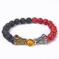 Detail of beaded dragon head bracelet with lava stones and tiger eye beads - Lava Rock & Red Turquoise