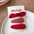 Lot de 3 barrettes rouges festives avec nœud en velours côtelé et tissu tweed - Groupe Nœud Couleur Unie