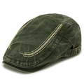 Vintage dark green washed canvas flat cap with yellow wave stitching and metal buckle - Adjustable / Green With Symmetrical Wheat Pattern