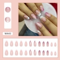 Faux ongles amande dégradé rose avec bord blanc français et paillettes violettes - Style Français à Paillettes Douces (W443)