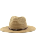 Classic straw fedora sun hat with woven texture and decorative brown band for beach travel - M (56-58cm) / Khaki