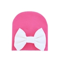 Pink knitted baby hat with a large white bow for newborns, soft cotton fabric - 0-6 Months / Rose Red and White