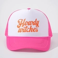 Pink and white Howdy Witches trucker hat with orange embroidery for women - One Size / Rose White