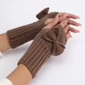 Brown fingerless knitted gloves with a sweet bow detail for women in winter - Khaki