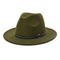 Detail of olive green wool fedora hat with black leather strap and gold metal rivets - M (56-58cm) / Army Green