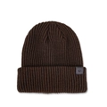 Detail of dark brown rib-knit beanie with a leather 'FAVORITE' patch and metal stud - M (56-58cm) / Coffee