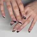 Short almond press on nails with minimalist black and white wave patterns on pink base - Black and White Wave Pattern (JP1763)
