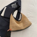 Beige woven hobo tote bag with black leather trim and handles for women - Black