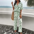 Short sleeve floral print two-piece set with wide-leg pants in green and white colorway - S / Green