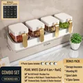 Wall-mounted seasoning box set in pearl white with four transparent jars and gold handles - Wall-mounted Seasoning Box / 4 Compartments / Pearl White