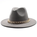 Detail of grey wool felt fedora featuring a decorative thick gold link chain strap - Light Gray