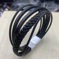 Men's multi-layer black braided leather bracelet with a silver magnetic clasp - New Model (Silver Black Clasp)