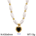Faux pearl heart necklace with black crystal pendant and golden stainless steel beads - Gold with Black Stone (KN283220-SP)