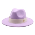 Lavender wool fedora hat with wide brim and beige ribbon band for women fashion - Taro Purple
