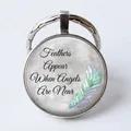 Glass cabochon keychain with colorful feathers and inspirational angel quote - Feather Illustration/Angels Are Near