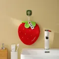 Hanging red strawberry coral fleece hand towel with white hanging rope and Happy embroidery - Embroidered / Strawberry Red (No Worries)