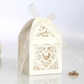 Elegant laser-cut heart candy box in pearl white with a sheer organza ribbon bow - Ivory