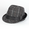 Classic British style wool fedora hat with a plaid pattern and black leather band decoration - 58cm (Adjustable) / Dark Gray Grid (with Leather Band)